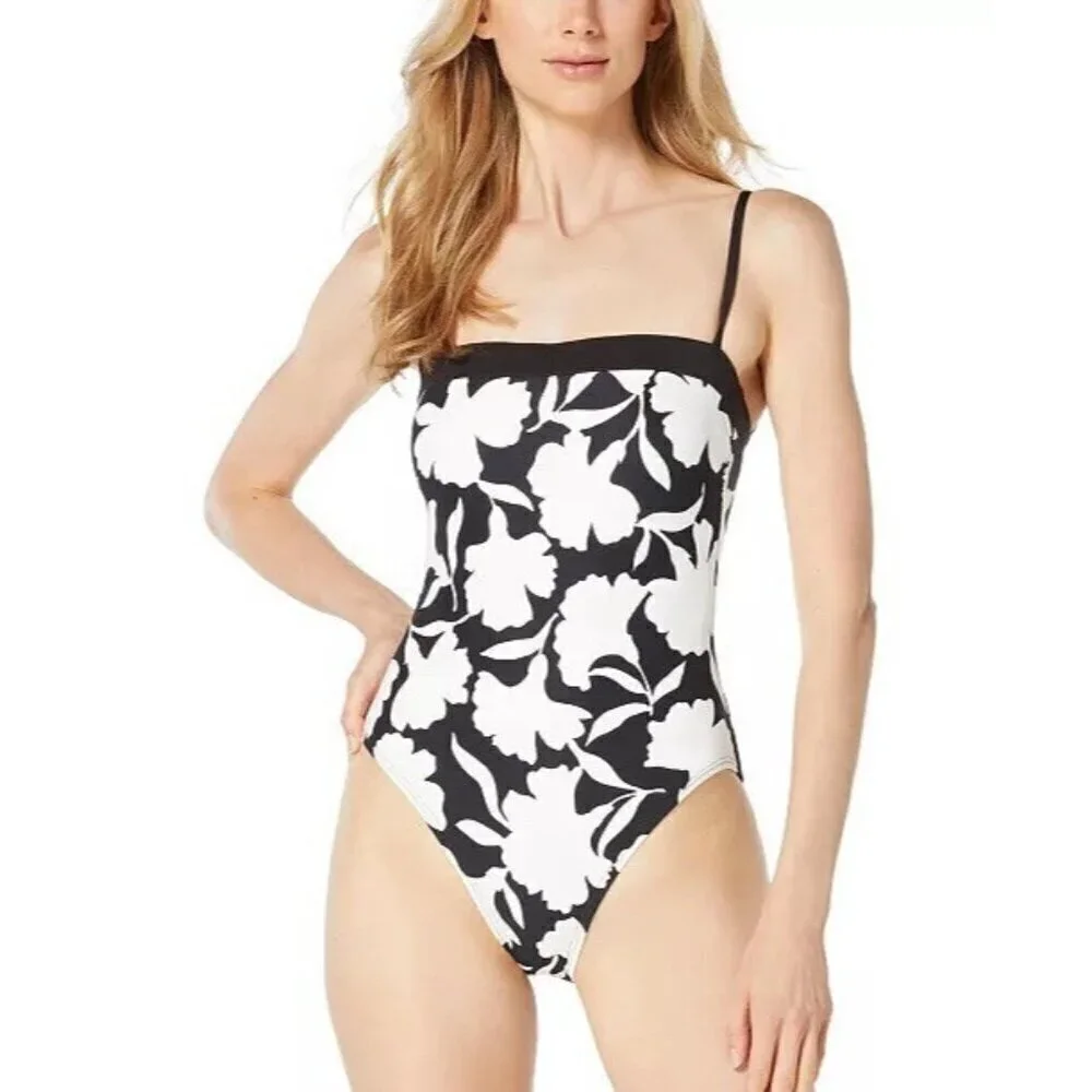 Michael Kors Womens Size 4 Black White Printed Square-Neck One-Piece Swimsuit